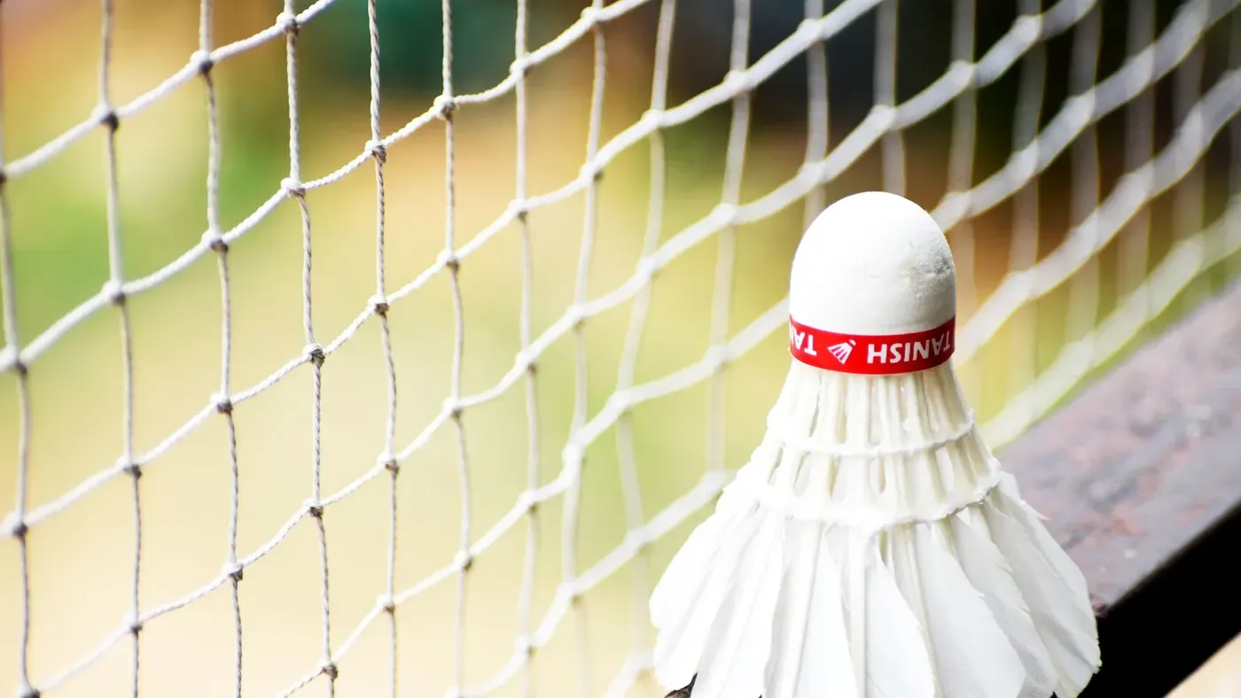 Badmintonnät uppsatt på en gräsmatta