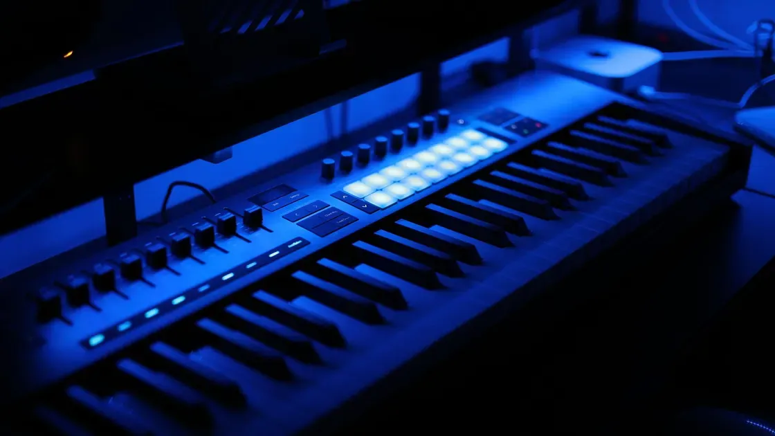 Midi-kontroller sedd snett uppifrån med tangenter och rattar synliga