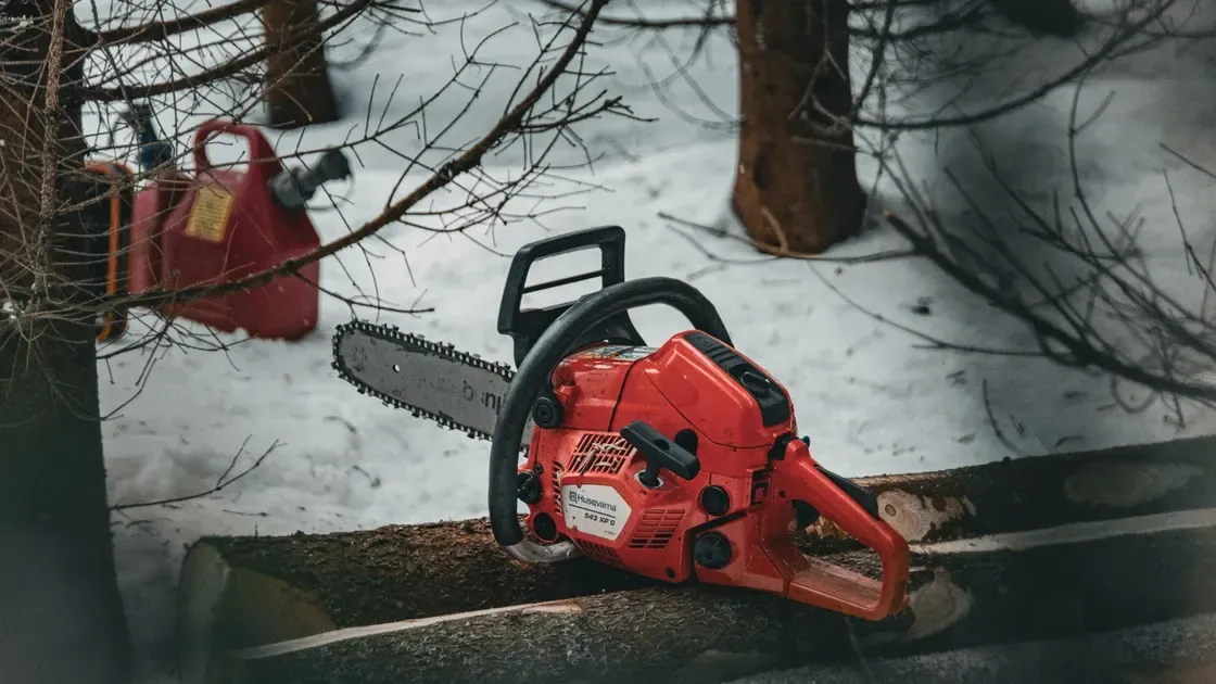 Motorsåg i arbete i skogen